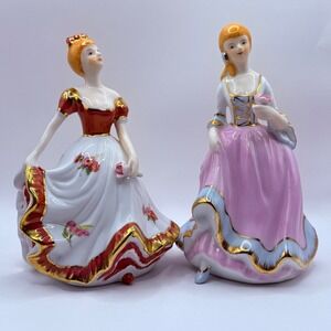 Vintage Porcelain Lady Figurines Set Red Pink Floral Gowns Gold Gilt Trim 2pc